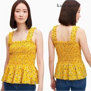 Kate Spade Tank Fleurette Toss Smocked Top 100% Cotton Floral Yellow XS